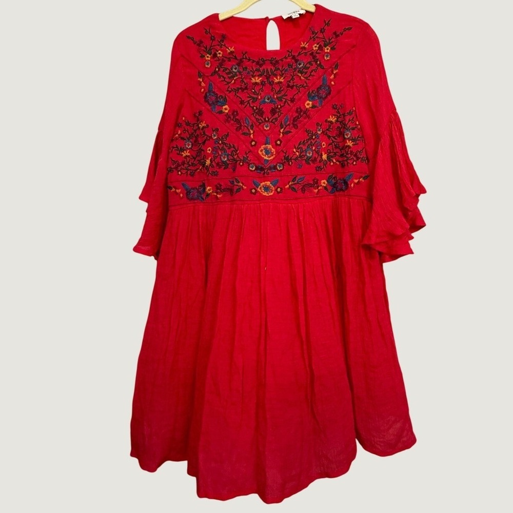 Umgee Red Embroidered Floral Bell Sleeve Babydoll Mini Dress Small